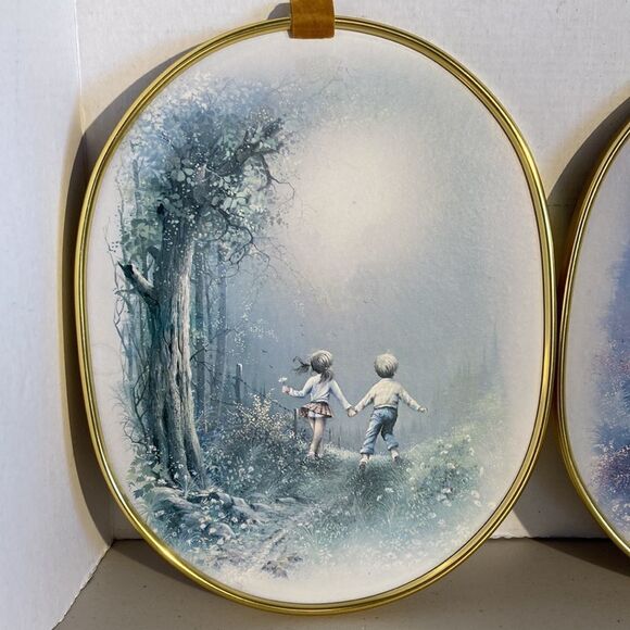Vintage Pastel Boy Girl Countryside Prints Boho Gallery Wall Oval Gold Frames - Picture 3 of 8